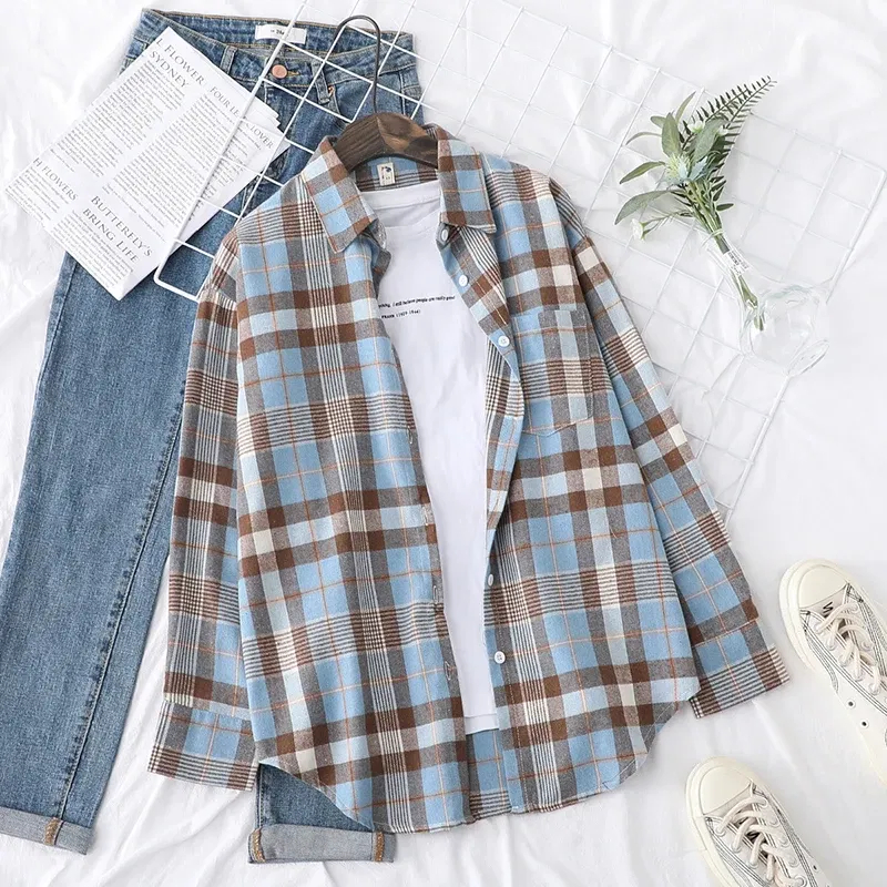 Color: APRICOT, Size: XS - Fresh Flannel Plaid Shirt Women 2025 New Female Blouses and Tops Cotton Loose Long Sleeve Casual Shirts Fine Women's Clothes