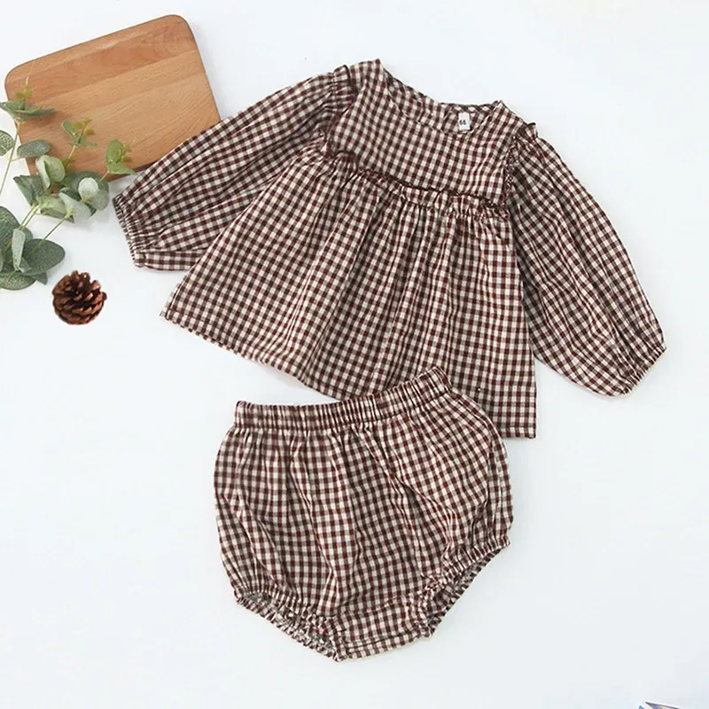 Color: CRIMSON, Kid Size: 6M - Infant Baby Boys Girls Clothes Set Spring Autumn Kids Baby Boys Girls Long Sleeve Grid T-shirt + Shorts 2pcs Toddler Clothes