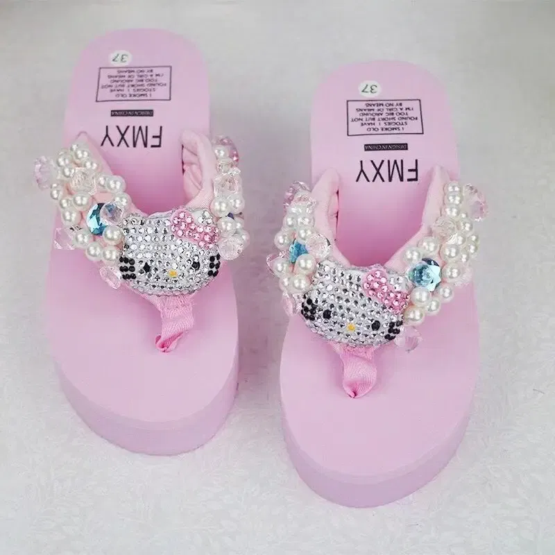 Color: Beige, Shoe Size: 39 - Sanrio Hello Kitty Soft Flip Flop Sandals Y2k Beach Slides Shoes Women Kawaii Casual Wedge High Heels Platform Slippers Ladies