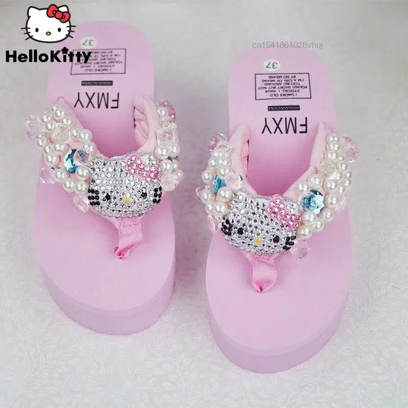 Color: Beige, Shoe Size: 39 - Sanrio Hello Kitty Soft Flip Flop Sandals Y2k Beach Slides Shoes Women Kawaii Casual Wedge High Heels Platform Slippers Ladies