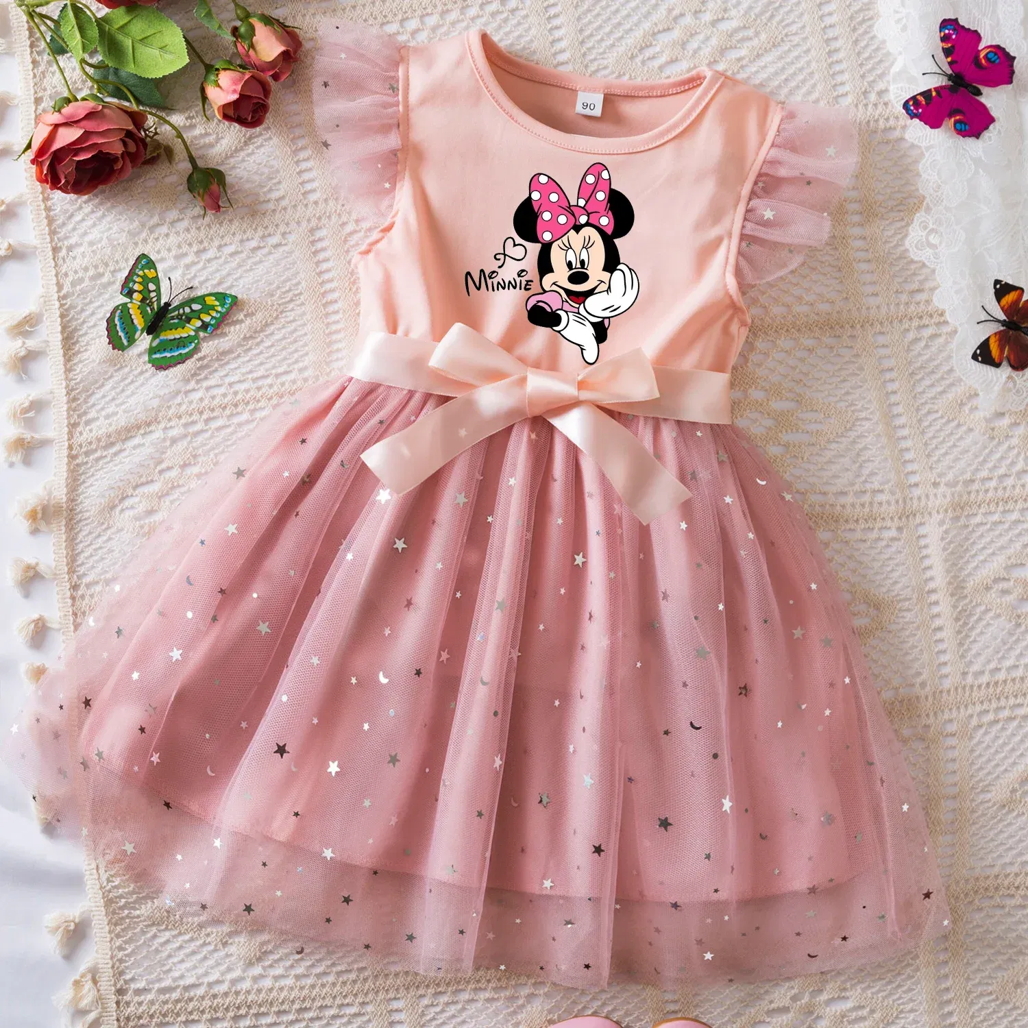 Color: Yellow, Size: XS - Mickey Minnie Mouse Girls Summer Clothes Flying Sleeves Bow Sequin Dress 2-6Y Kid Birthday Tutu Princess Dress for Baby Girl