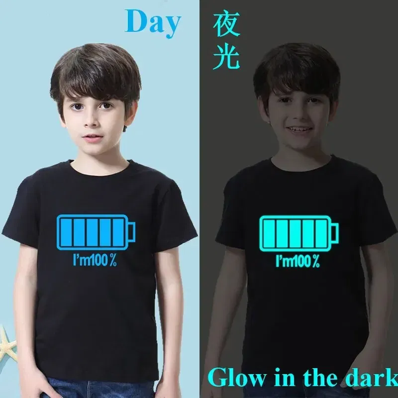 Kid Size: 3T, Color: Black - 2024 New Boys Luminous Battery T Shirts Summer Short Sleeve Children's Clothes Kids Glow In Dark Tees