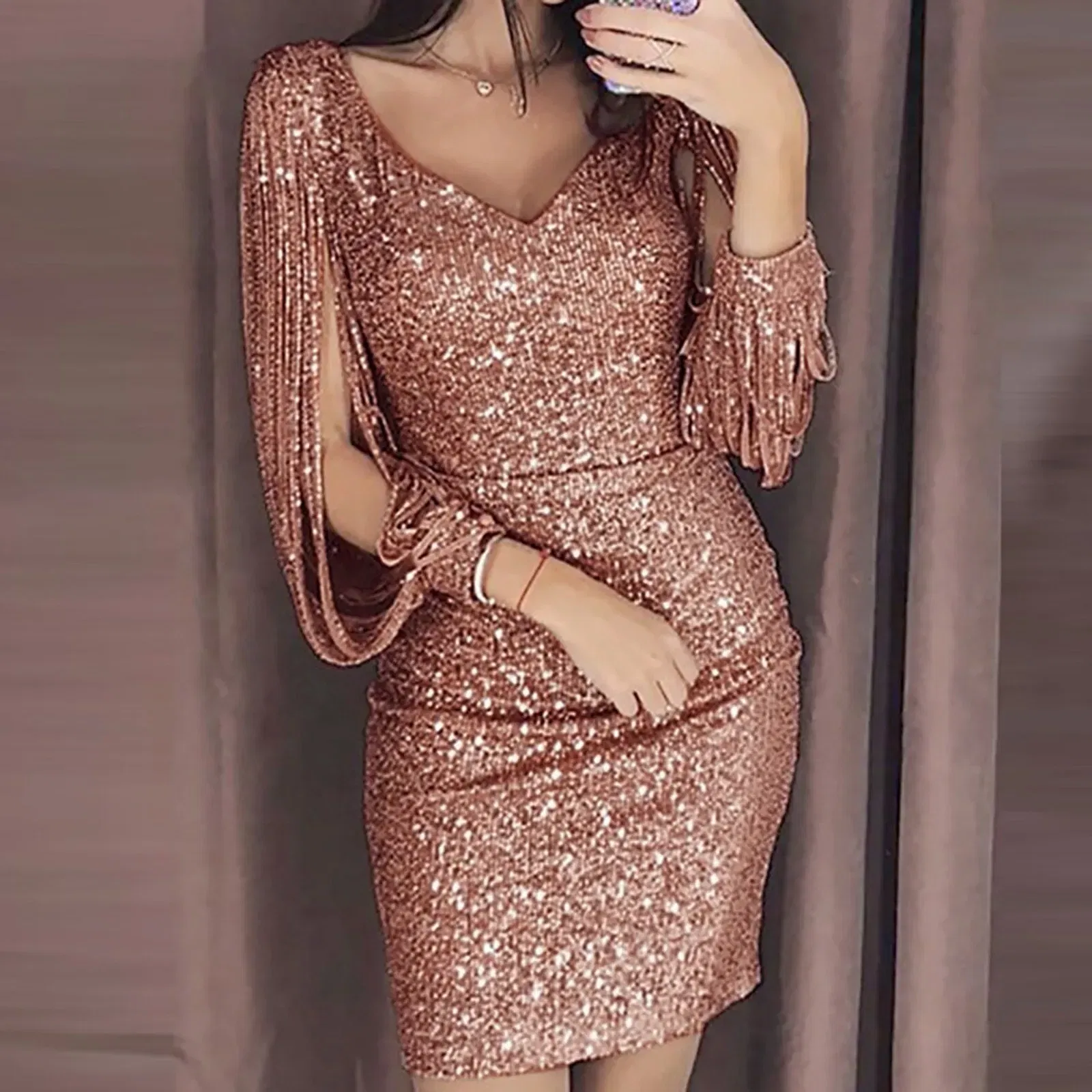 Color: black, Size: L, Ships From: CN - 2024 New Women Sexy Dresses Glitter Sparkly Sequin Tassel Sleeves V Neck Club Mini Skinny Sundress Elegant Ladies Party Dresses