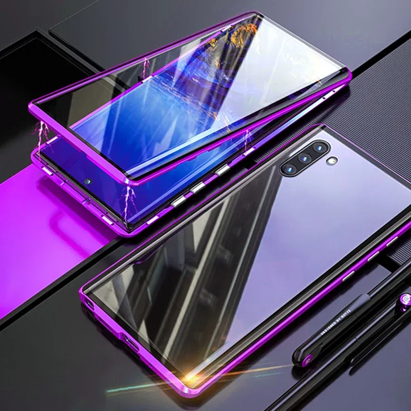 Color: PURPLE, Material: Neoprene - Full Wrap Metal Bezel Case For Samsung Galaxy S23 S22 Ultra S21 S20 FE S24 Note 10 20 Lite Plus Double-Sided Glass Back Cover