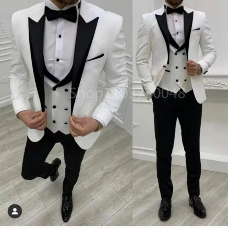 Color: Gold, Size: M - White Men Business Suits Wedding Suit Peak Lapel One Button Blazer Groom Tuxedos 3 Pcs Set Dress Jacket Vest Trousers