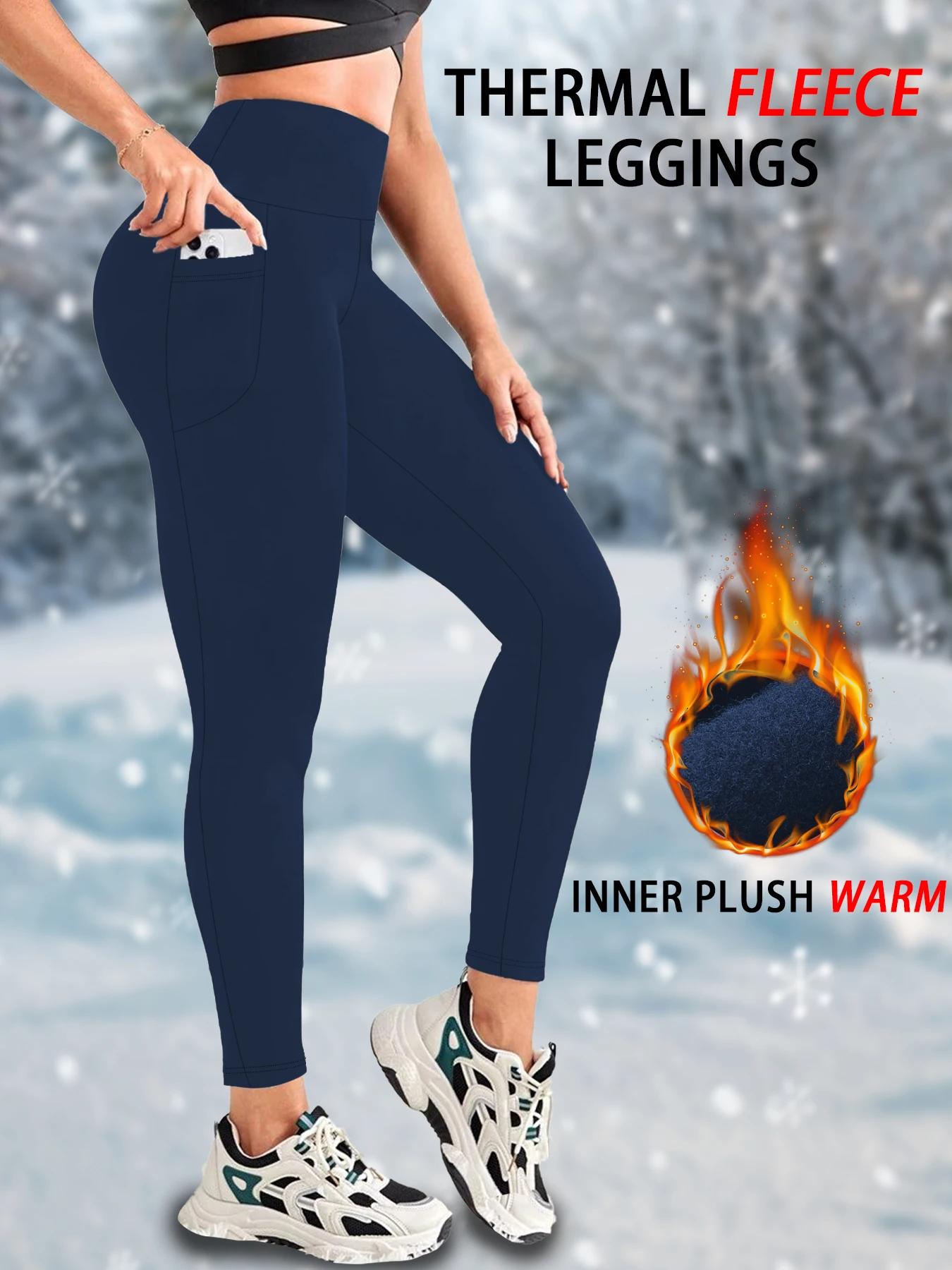 Color: Navy Blue, Size: XL - Womens Thermal Fleece Lined High Waisted with pockets Leggings, Workout Winter Warm Thick Tights Soft Yoga Running Pants