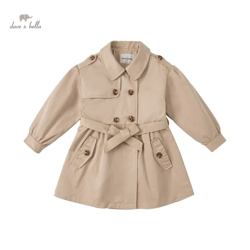 DK1220181 dave bella spring kids girls fashion solid button pockets hooded coat children cute tops high quality outerwear