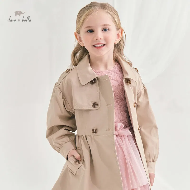 DK1220181 dave bella spring kids girls fashion solid button pockets hooded coat children cute tops high quality outerwear