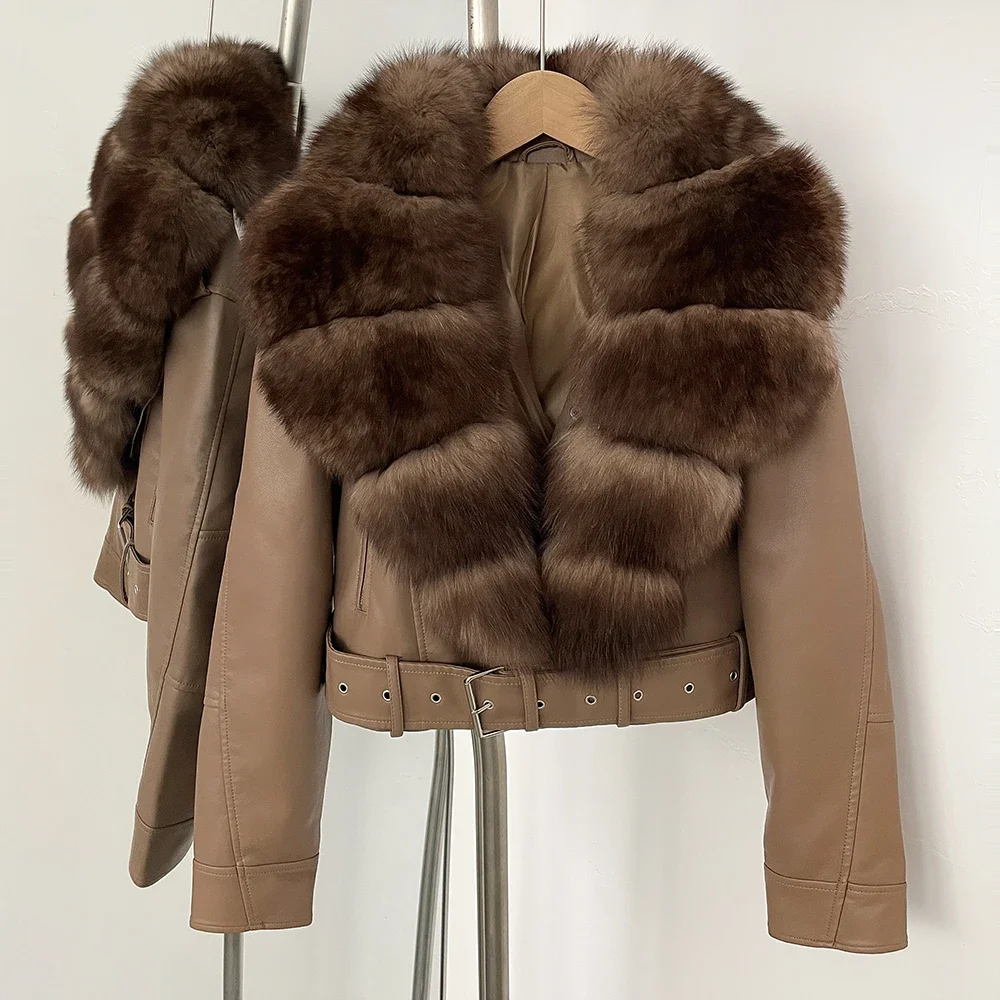 Color: Navy Blue, Size: M - Fake Leather Coat New Natural Fox Fur Autumn Short Faux Leather Jacket Female Spring PU Women Long Sleeve Real Fur Coat Thin