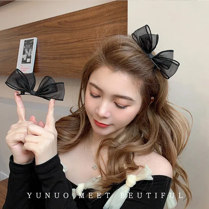 Color: GRAY - 2022 Black Lace Double-layer Mesh Bow Hairpin for Women Girls Fashion Korea Sweet Student Hair Clip Hair Accessories