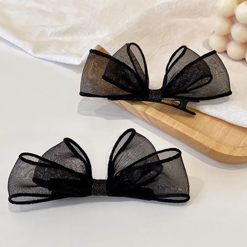 Color: GRAY - 2022 Black Lace Double-layer Mesh Bow Hairpin for Women Girls Fashion Korea Sweet Student Hair Clip Hair Accessories