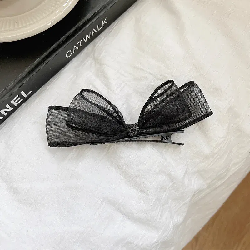 Color: GRAY - 2022 Black Lace Double-layer Mesh Bow Hairpin for Women Girls Fashion Korea Sweet Student Hair Clip Hair Accessories