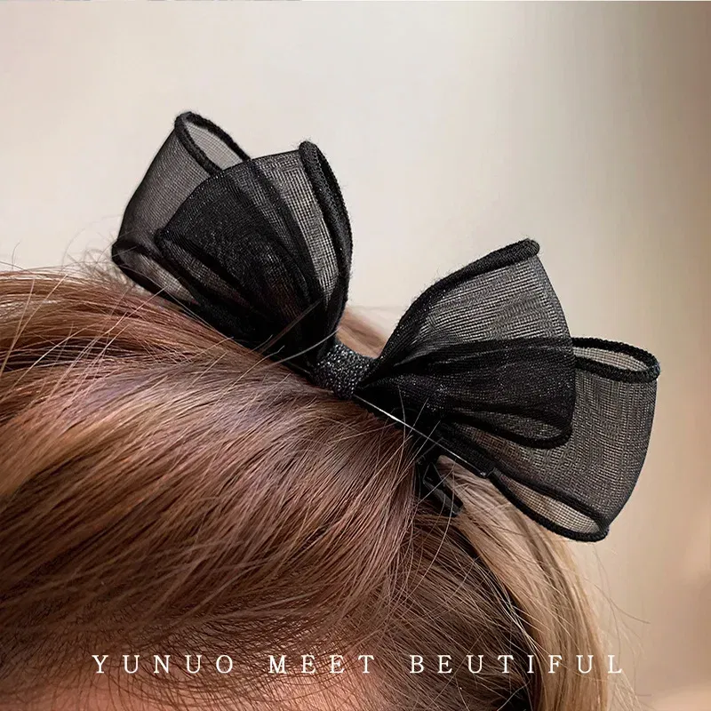 Color: GRAY - 2022 Black Lace Double-layer Mesh Bow Hairpin for Women Girls Fashion Korea Sweet Student Hair Clip Hair Accessories