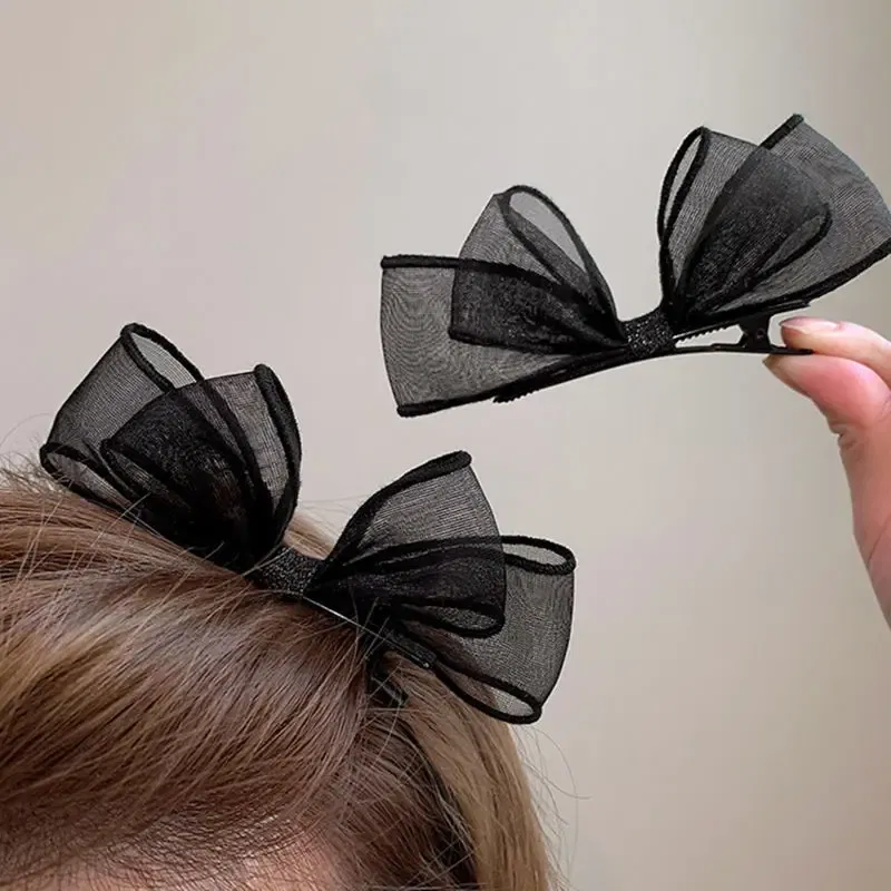 Color: GRAY - 2022 Black Lace Double-layer Mesh Bow Hairpin for Women Girls Fashion Korea Sweet Student Hair Clip Hair Accessories
