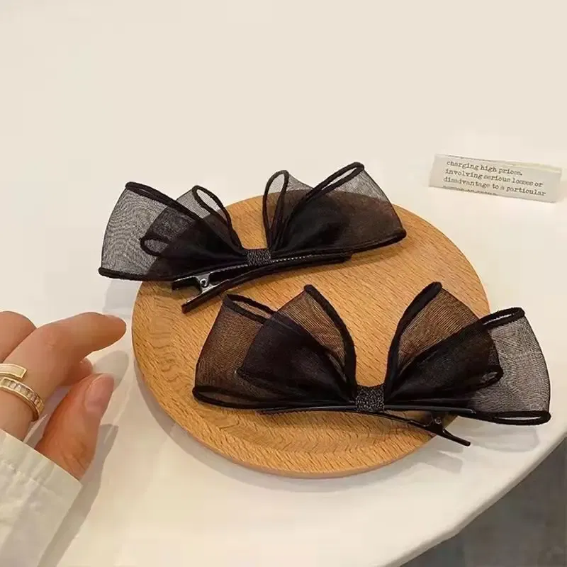 Color: GRAY - 2022 Black Lace Double-layer Mesh Bow Hairpin for Women Girls Fashion Korea Sweet Student Hair Clip Hair Accessories