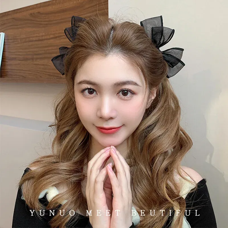 Color: GRAY - 2022 Black Lace Double-layer Mesh Bow Hairpin for Women Girls Fashion Korea Sweet Student Hair Clip Hair Accessories