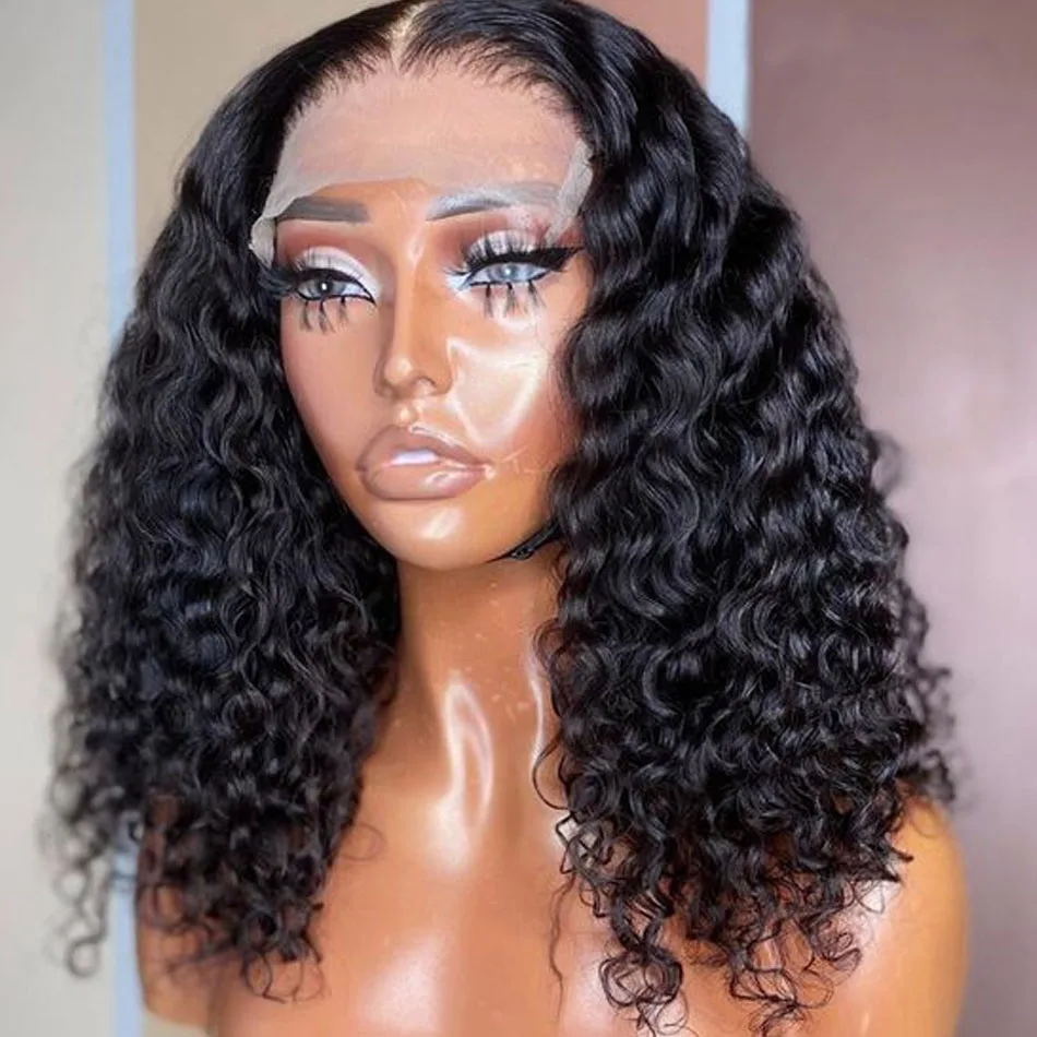 Hair Color: #1, Stretched Length: 14inches - 13X4 Glueless Water Wave Wigs Human Hair Pre Cut Bob Wig Ready To Go 180% Density 4x4 Water Wave Lace Closure Wigs Human Hair