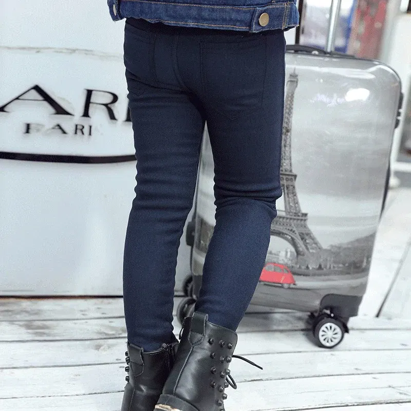 Color: SKY BLUE, Kid Size: 4T - 3-12-year-old girls pencil pants elastic baby Leggings 2024 new slim fit children's Leggings solid color imitation jeans