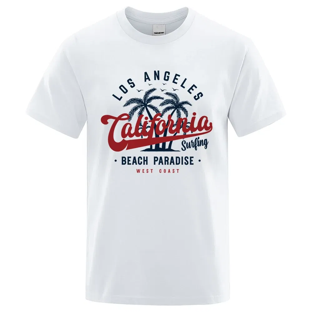 Color: GRAY, Size: S - Los Angeles California Beach Paradise Men Tops Fashion Crewneck T Shirt Cotton Summer T-Shirt Breathable Oversize Clothes