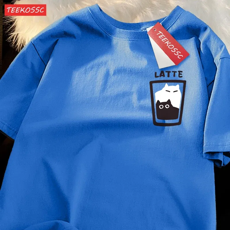Color: Champagne, Size: S - Mocha Latte Couple Outfit Cat Coffee Couple Male T-Shirts Graphic Cool Tee Shirt High-Quality Oversized Tshirt Comfort Soft