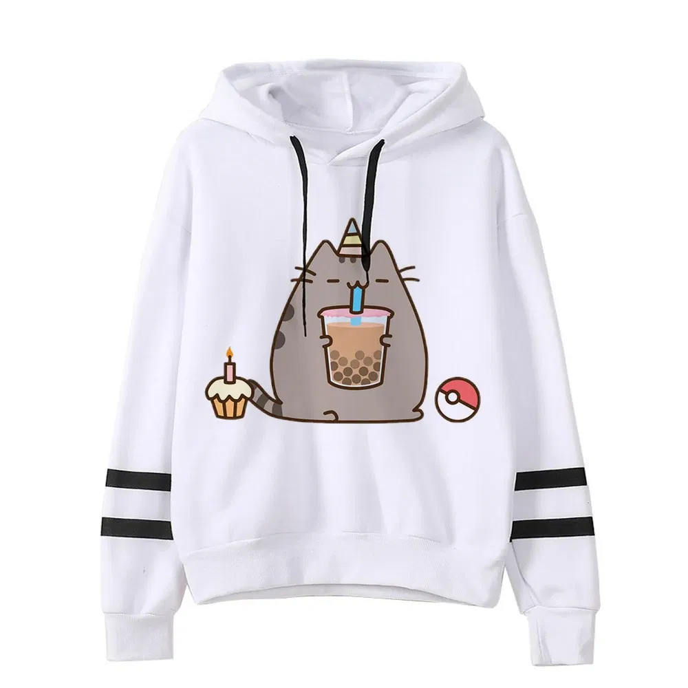 Color: Beige, Size: S - Women Ullzang Cute Cat Funny Cartoon Sweatshirt Pusheen Cat Kawaii Harajuku Korean Style Hoodies Graphic Fashion Hoody Female