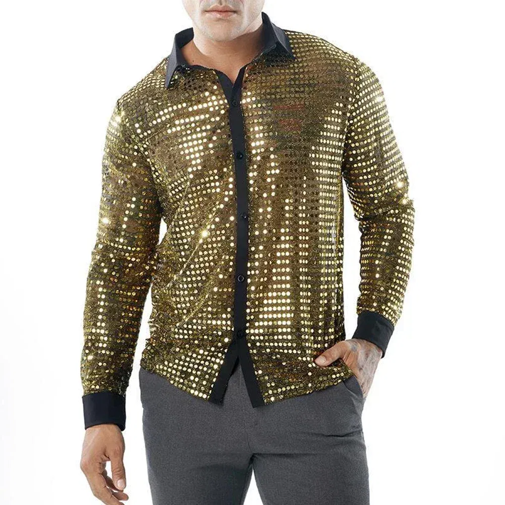 Color: Beige, Size: L, Ships From: CHINA - 2023 Fashion Mens Sparkly Sequins Party Dance Shirts Retro 70s Disco Nightclub Shirt Tops Single Breasted Performance Clothing