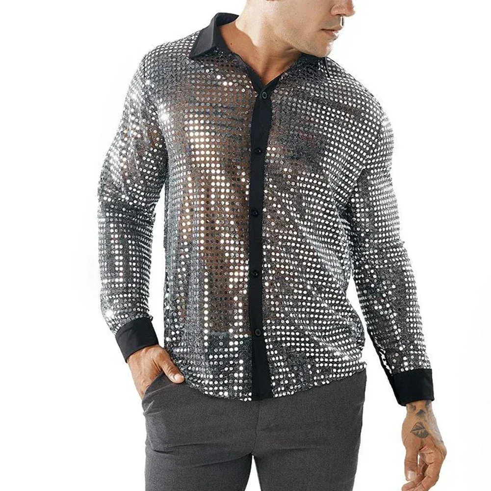 Color: Beige, Size: L, Ships From: CHINA - 2023 Fashion Mens Sparkly Sequins Party Dance Shirts Retro 70s Disco Nightclub Shirt Tops Single Breasted Performance Clothing