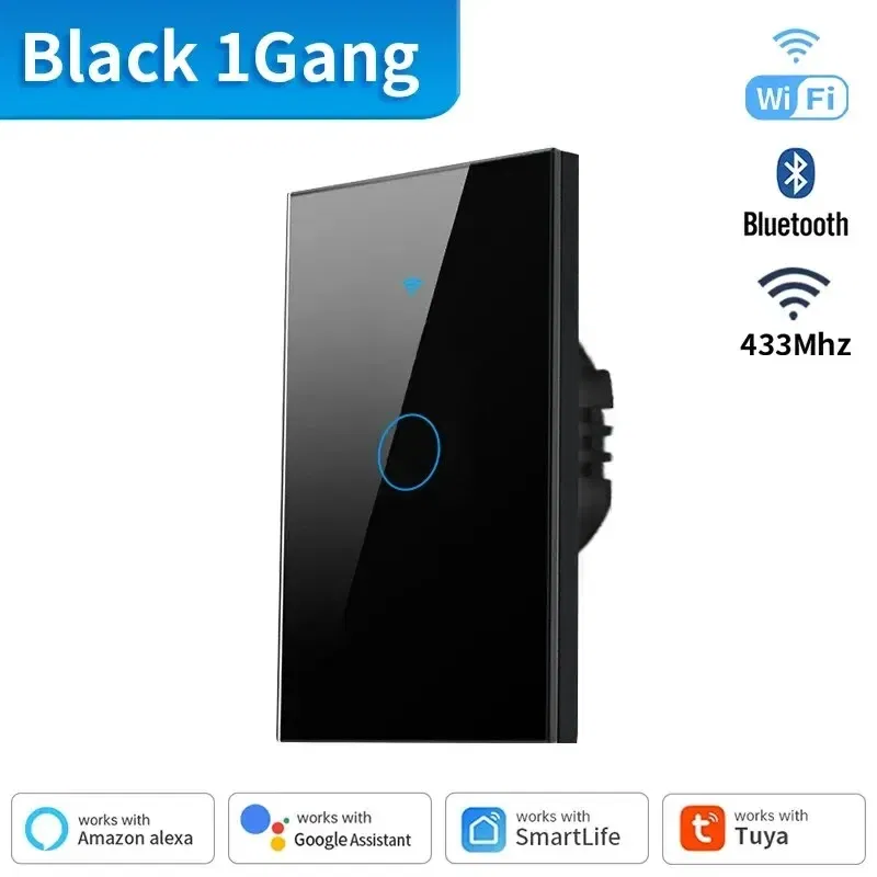 Color: black - Tuya US WiFi+Bluetooth Smart Switches No Neutral Wire Required 1/2/3/4 Gang Light WiFi Touch Switch Work with Alexa Google Home