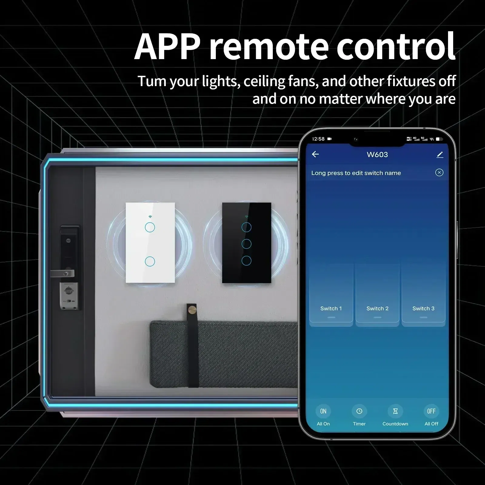 Color: black - Tuya US WiFi+Bluetooth Smart Switches No Neutral Wire Required 1/2/3/4 Gang Light WiFi Touch Switch Work with Alexa Google Home