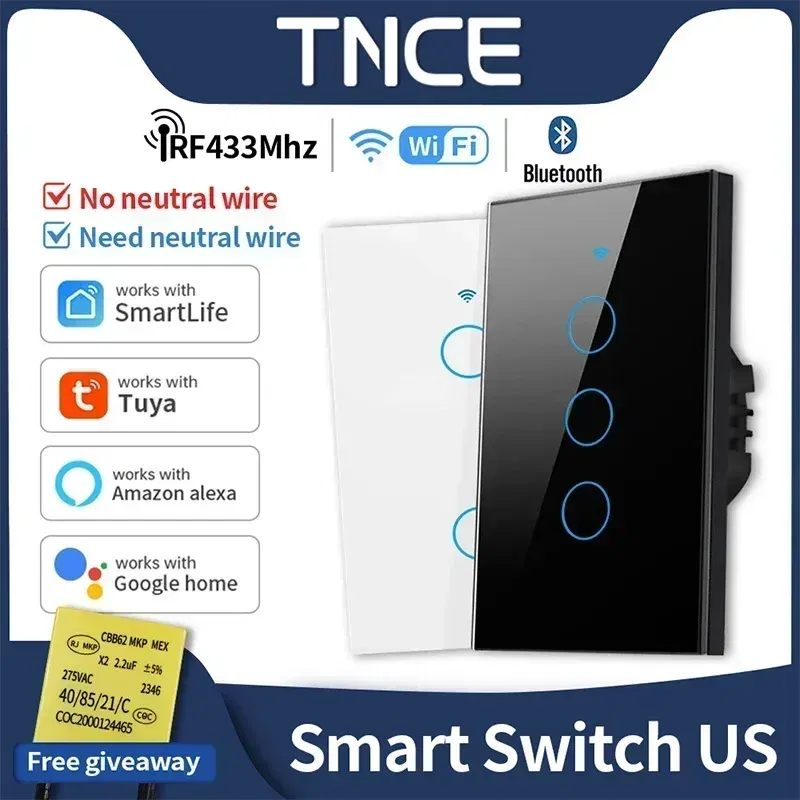 Color: black - Tuya US WiFi+Bluetooth Smart Switches No Neutral Wire Required 1/2/3/4 Gang Light WiFi Touch Switch Work with Alexa Google Home