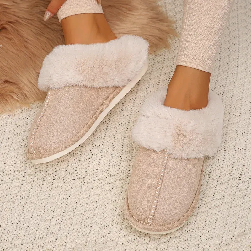 Color: Khaki, Shoe Size: 36 - Closed Toe Warm Cotton Slippers Women Faux Fur Thicken Plush Winter Home Shoes Woman Lightweight Casual Indoor Slides Female