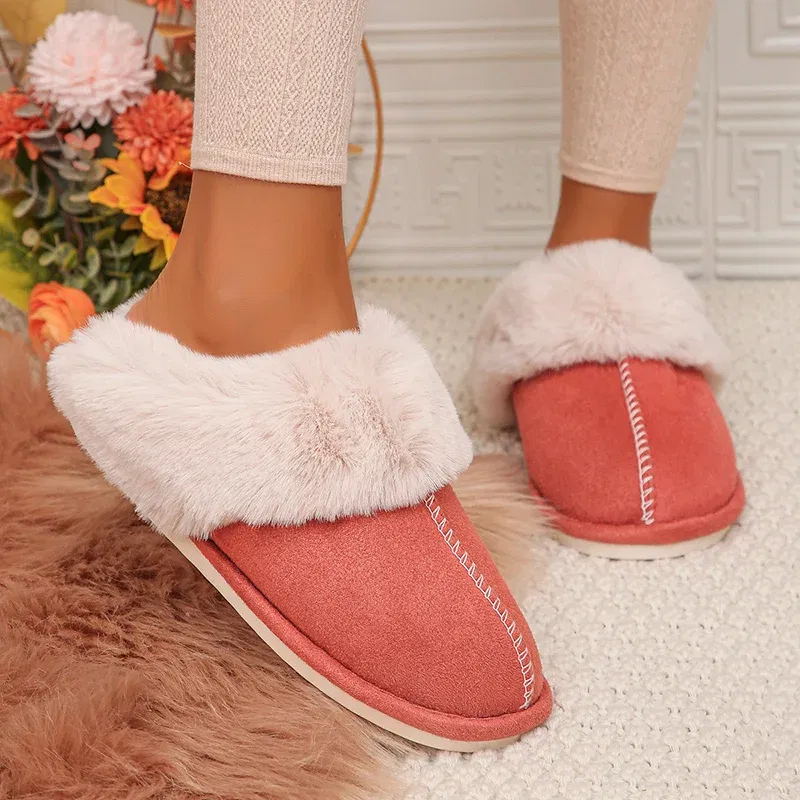 Color: Khaki, Shoe Size: 36 - Closed Toe Warm Cotton Slippers Women Faux Fur Thicken Plush Winter Home Shoes Woman Lightweight Casual Indoor Slides Female