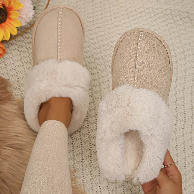 Color: Khaki, Shoe Size: 36 - Closed Toe Warm Cotton Slippers Women Faux Fur Thicken Plush Winter Home Shoes Woman Lightweight Casual Indoor Slides Female