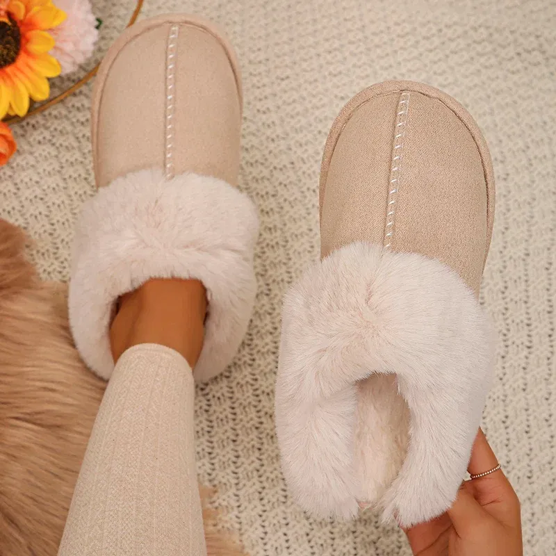Color: Khaki, Shoe Size: 36 - Closed Toe Warm Cotton Slippers Women Faux Fur Thicken Plush Winter Home Shoes Woman Lightweight Casual Indoor Slides Female
