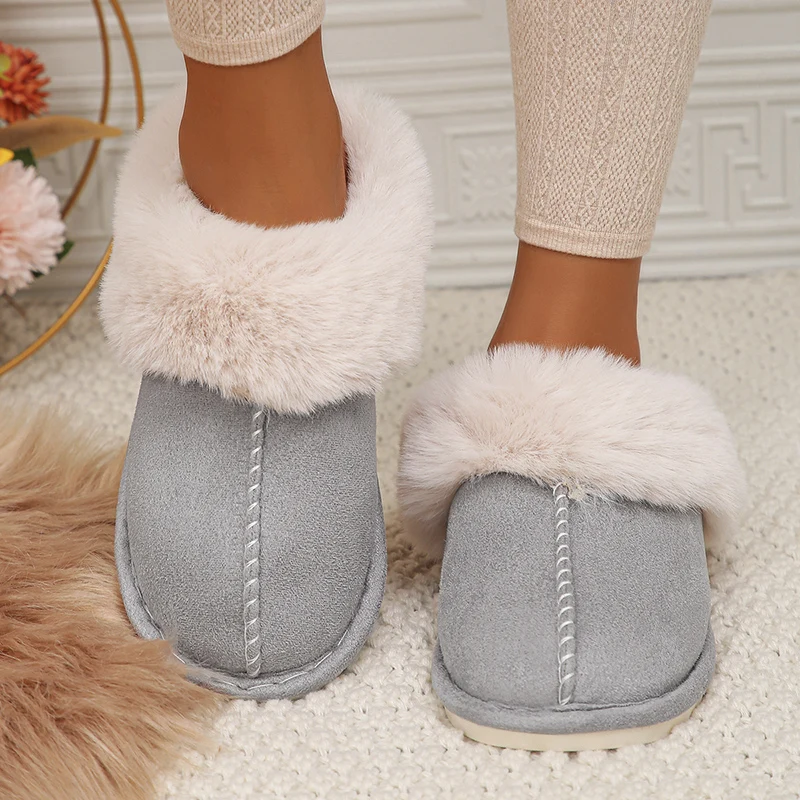 Color: Khaki, Shoe Size: 36 - Closed Toe Warm Cotton Slippers Women Faux Fur Thicken Plush Winter Home Shoes Woman Lightweight Casual Indoor Slides Female