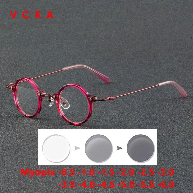 Frame Color: Blue, Eye Prescription: +175 - VCKA Anti-blue Discolor Acetate+Titanium Myopia Glasses Frames Small Round Men Prescription Optical Women Eyewear -0.50 to -10.0