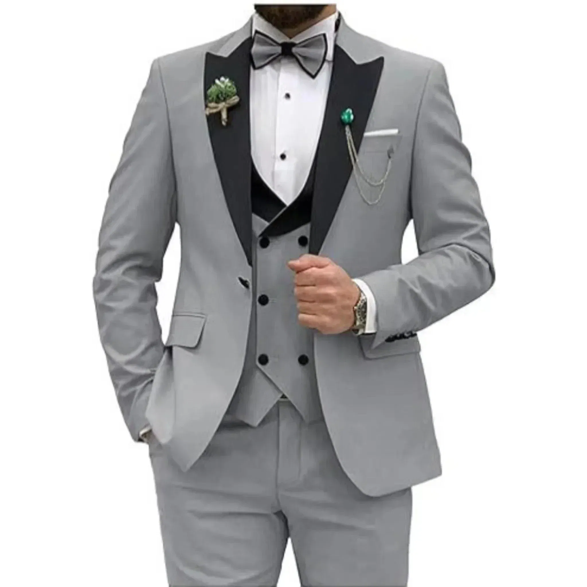 Color: GRAY, Size: L - Men Suit Colorful Luxury Blazer Vest And Pant Sets 3 Piece Birthday Dress Business Prom Evening Party Costumes High Quality
