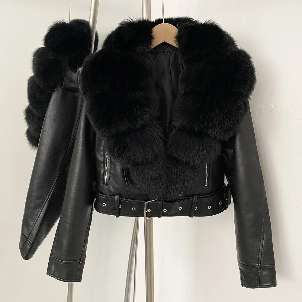 Color: Brown, Size: S - Fake Leather Coat New Natural Fox Fur Autumn Short Faux Leather Jacket Female Spring PU Women Long Sleeve Real Fur Coat Thin