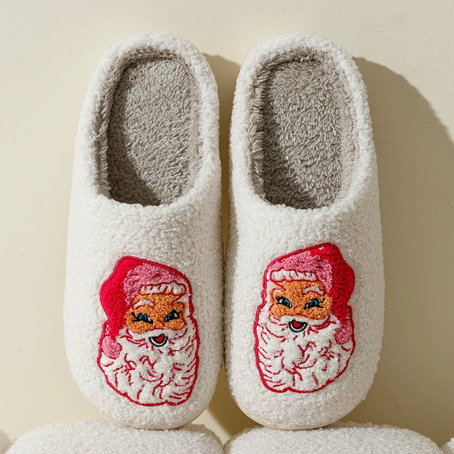 Color: Pink, Shoe Size: 43-44 - Cute Cartoon Pink Santa Claus Women's Slippers Indoor Warm Soft Comfy Winter Bedroom Non-slip Cotton Shoes Christmas Gift