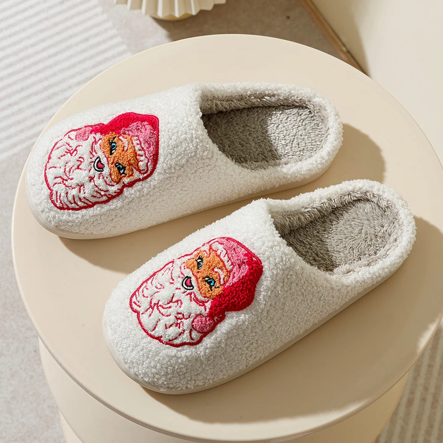 Color: Pink, Shoe Size: 43-44 - Cute Cartoon Pink Santa Claus Women's Slippers Indoor Warm Soft Comfy Winter Bedroom Non-slip Cotton Shoes Christmas Gift
