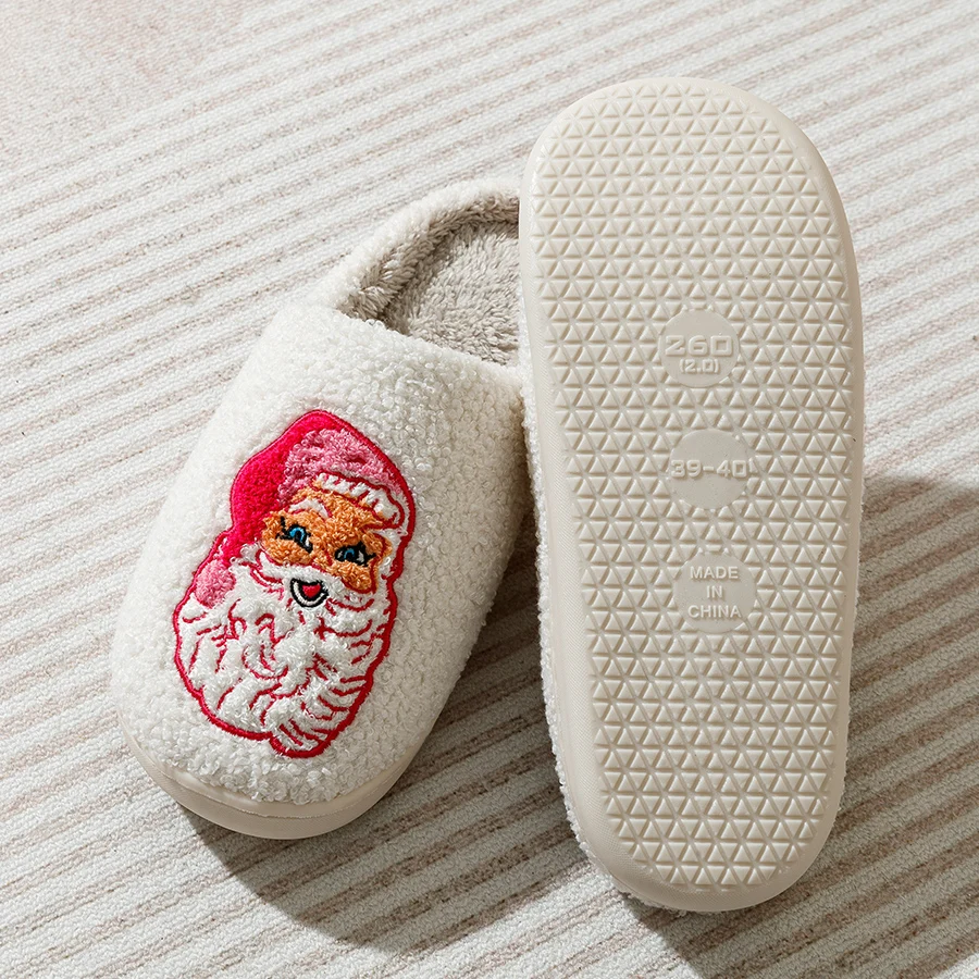 Color: Pink, Shoe Size: 43-44 - Cute Cartoon Pink Santa Claus Women's Slippers Indoor Warm Soft Comfy Winter Bedroom Non-slip Cotton Shoes Christmas Gift