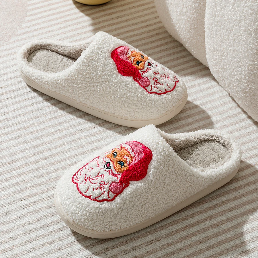 Color: Pink, Shoe Size: 43-44 - Cute Cartoon Pink Santa Claus Women's Slippers Indoor Warm Soft Comfy Winter Bedroom Non-slip Cotton Shoes Christmas Gift