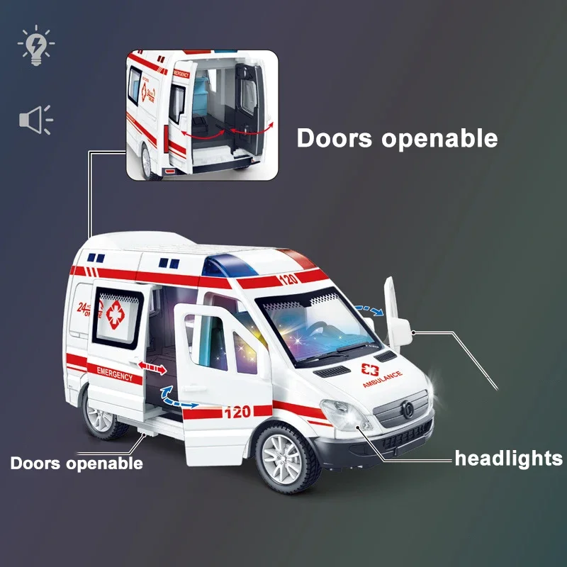 Color: Blue - 1:32 Mini Car Diecast Ambulance Fire-Truck Policecar Model Sound And Light Vehicle Simulation Collection Gifts Toys Boys