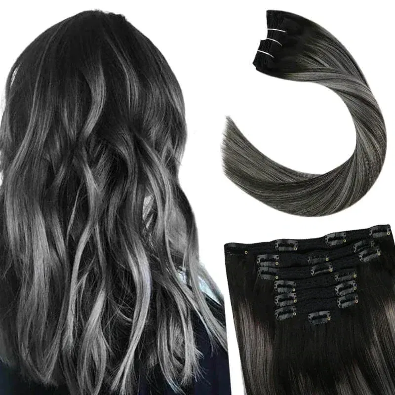 Color: Silver, Length: 14 inches, Weight Per Package: 120g/Set - [16 Colors] Ugeat Clip in Hair Extensions Human Hair 14-22" Double Weft Remy Hair Full Head Clip in Extensions for Woman 7Pcs