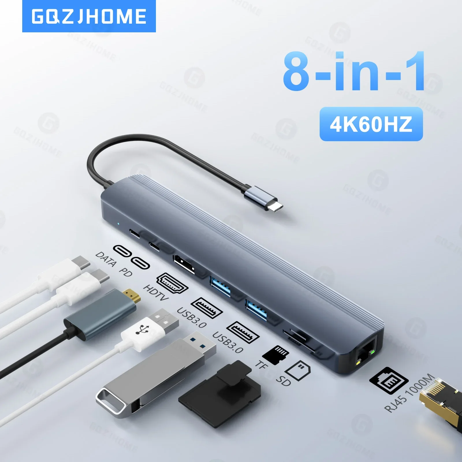 Color: Silver - 8 in 1 USB C Hub with 4K 60Hz HDTV 1Gbps Ethernet 100W Power Delivery SD/TF Card Slots USB 3.0*3 5Gpbs Data Ports for MacBook