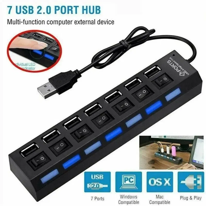 Color: black - USB HUB USB Switch Hub 2.0 Adapter High Speed Multi 7 Ports Hub USB On Off Portable Splitter For Computer Laptop