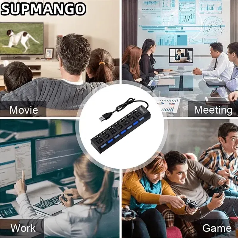 Color: black - USB HUB USB Switch Hub 2.0 Adapter High Speed Multi 7 Ports Hub USB On Off Portable Splitter For Computer Laptop