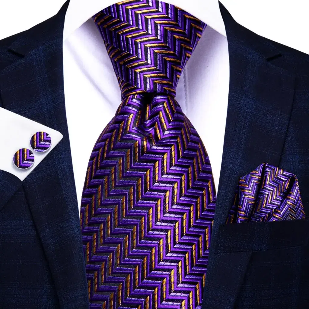 Color: Bright Yellow - Hi-Tie Purple Paisley Silk Elegent Tie for Men Novelty Design Handky cufflink Tie Set Party Business Wedding Dropshipping