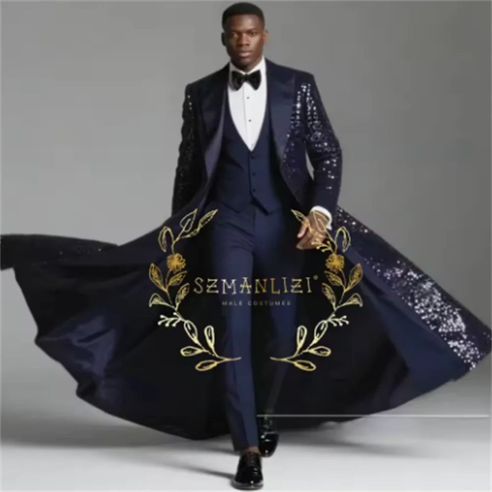 Color: Pink, Size: S - Burgundy Shiny Sequin Suits Men 3 Pieces Sets Single Breasted Groom Long Blazer Costume Homme Wedding Tuxedo Male Clothing