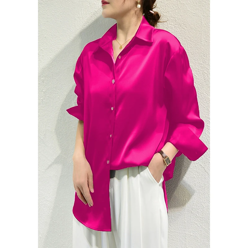 Color: Brown, Size: M - All-match Satin Finish Shirts And Blouses Women Clothing Casual Top OL Long Sleeve Button Elegant Shirts French Solid Blouses